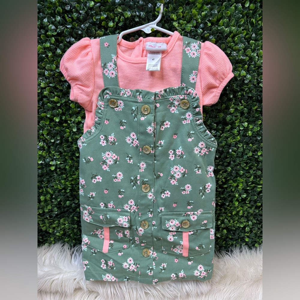 Little lass Green and Pink Floral Overalls dress with shirt nwot